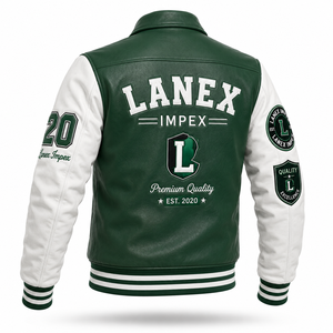 Custom Green <b>White</b> Leather Varsity <b>Jacket</b> for <b>Men</b> Premium Letterman Bomber <b>Jacket</b> with Chenille Embroidered Patches OEM ODM - Product Image 3