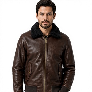 <b>Men's</b> Genuine Leather Bomber <b>Jacket</b> <b>Shearling</b> Collar Brown Winter Aviator Premium Outerwear Wholesale Windproof Heated - Product Image 1