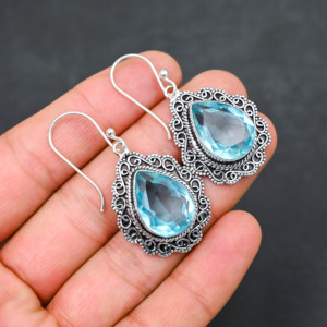 Customised Blue Topaz LAB-CREATED 925 Sterling Silver <b>Earrings</b> 1.9" <b>Handmade</b> Gemstone Jewelry Antique Fine <b>Earring</b> Gift for Wome - Product Image 1
