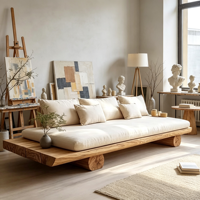 Canapé carré trois places en bois massif de style rétro populaire avec housse de coussin en coton et lin respirant, fauteuil bas suspendu en bois