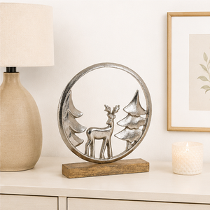 Handmade Modern Silver Aluminium Reindeer Sculpture with Natural Mango Wood Base Elegant Round Frame Christmas <b>Tree</b> Figurine - Product Image 2
