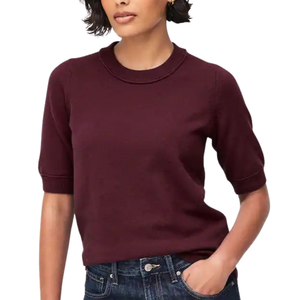 Burgundy <b>Red</b> Supersoft Short Sleeve Knitted <b>Jumper</b> <b>for</b> <b>Women</b> Crew Neck Casual Pullover Sweater with Ribbed Cuffs and Hem - Product Image 1