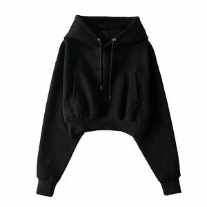 Women's <b>White</b> <b>Cropped</b> Hoodie Drop Shoulder Long Sleeve Solid Color Casual <b>Sweatshirt</b> Pockets Breathable Knitted Cotton Hooded - Product Image 2