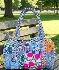 Bolsa de lona bohemia hecha a mano con estampado de bloques, bolsa de viaje vintage para mujer, bolsa de lona acolchada de algodón indio, tamaño personalizado aceptado. - Product Image 6