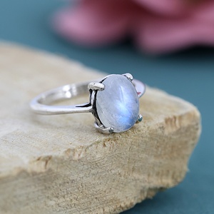 925 Sterling Silver Natural Rainbow Moonstone Oval Cabochon Ring Handmade Gemstone Prong Setting Birthstone Ring for Women - Product Image 5