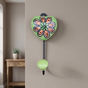 Hand Painted Ceramic Heart Wall Hook Green Flower Design Rustic Style Single Hook Adjustable Eco-Friendly Waterproof - Product Image 1