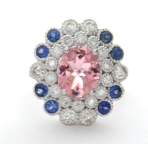 Flower Cluster Ring With <b>Rose</b> Quartz Oval Stone Pave Set Blue Gemstones Rhodium Plated 925 Silver Women's Engagement Jewelry - Product Image 3