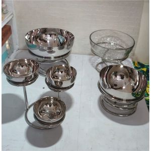 Présentoir à condiments 3 niveaux en acier inoxydable martelé, bols décoratifs argentés avec support métallique pour mariages, fêtes et hôtels - Product Image 3