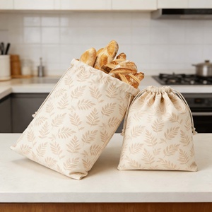 Ensemble de sacs à pain en coton réglables avec cordon de serrage, lavables, imprimés motif feuille, écologiques, résistants à l'eau, durables, réutilisables pour le rangement - Product Image 6