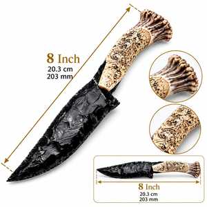Couteau artisanal en obsidienne noire avec manche sculpté en bois de cerf – Poignard en pierre primitif - Product Image 2