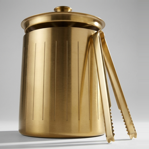 Modern Brushed <b>Gold</b> <b>Ice</b> <b>Bucket</b> With Linear Etching Coordinating <b>Ice</b> Tongs Insulated Double Wall Design Chic Barware Elegance - Product Image 3