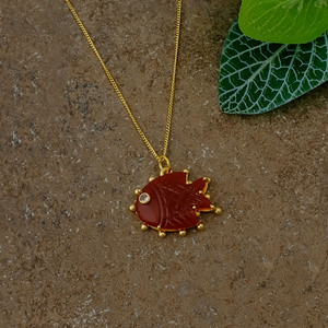 Carnelian Fish Pendant <b>Necklace</b> With Crystal Eye Accent Gold Plated Carving Gemstone <b>Statement</b> Charm Gift For Her - Product Image 4