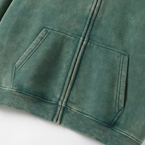 Sudadera con capucha verde lavado de gran tamaño con cremallera completa, forro polar vintage lavado, hombros caídos, bolsillo canguro, OEM / Marca Privada - Product Image 4