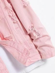 Pink <b>Denim</b> Windproof Slim Bomber <b>Jacket</b> <b>Men</b> Casual Washed Ripped Frayed <b>Hooded</b> Collar Regular Sleeve Solid Color Autumn Wear - Product Image 5