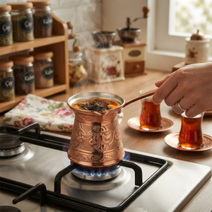 Cafetera Turca de Cobre Puro de Lujo con Grabado Arabesco Otomano, Cezve, Briki Griega para Estufa con Asa de Metal Fundido, Directo de Fábrica - Product Image 5