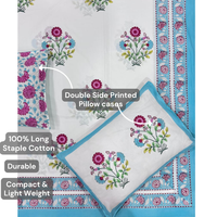 Parure de draps King Size Jaipur imprimée à la main, motif floral classique, 100% coton, 3 pièces, 200 fils, toutes saisons, écologique et durable