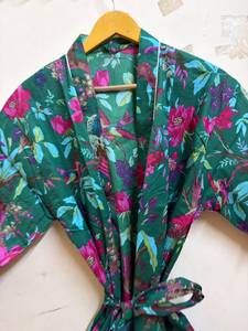 Bata Kimono de Algodón con Estampado Floral Tropical y de Aves para Mujer, Ligera, Transpirable, con Cuello en V, para Playa, Spa, Resort o Descanso - Product Image 3