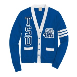 Cárdigan de Hombre con Cuello en V, Botones y Diseño de Letras Tejidas en Cable Azul Rey, de Algodón, Estilo Universitario - Product Image 1