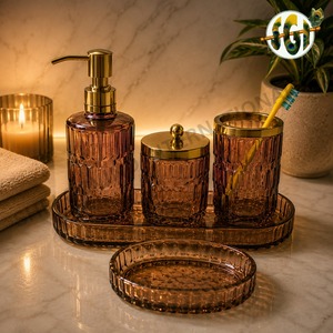 <b>Green</b> Ribbed Glass Silk Screen Personal Care Bathroom Accessories Set Lotion <b>Pump</b> Jar Toothbrush Cup Tray Decorative Countertop - Product Image 2