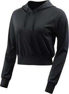 Sweat-shirt court à capuche, couleur unie, manches longues, tricoté en spandex et polyester, respirant, décontracté, haut d'automne pour femme - Product Image 2