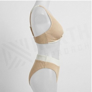 Women's Color Blocking Ribbed Bikini Set <b>Crossed</b> Halter <b>Top</b> High Waist Bottoms Stretch Knitted Swimwear - Product Image 3