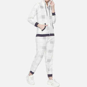 Ensemble de survêtement à carreaux pour femmes, fermeture éclair, à capuche, manches longues, décontracté, deux pièces, avec poches latérales, pour le printemps - Product Image 4