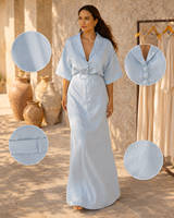 Robe longue de luxe en lin/coton boutonnée, bleu clair premium, col chemise, manches 3/4, faite main, pour l'été, style resort, unie, respirante, simple