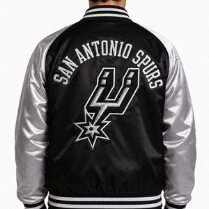 Chaqueta Retro de Satén para Jóvenes y Adultos, Diseño del Equipo de Baloncesto San Antonio Spurs, Color Negro y Plateado, Bordado, Ropa Deportiva, Venta al Por Mayor OEM - Product Image 3