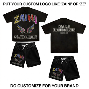 ZAINI Premium 280 GSM 100% Polyester Men's Black T-Shirt Shorts <b>Set</b> with Custom Multicolor Chenille Embroidery Logo Breathable - Product Image 1