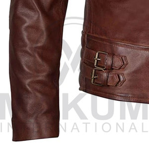 Blouson aviateur en cuir véritable pour homme, col montant, fermeture éclair, épaules matelassées, coupe ajustée, vêtement d'hiver - Product Image 6
