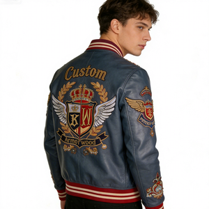 AEROSTRIDE INDUSTRIES Men's High Quality Vintage Wool Fleece Breathable Eco-Friendly Winter <b>Stand</b> Collar Varsity Jacket Front - Product Image 4