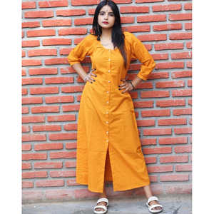 Robe longue jaune tissée élégante, respirante, style simple, coupe ample, col rond, taille naturelle, taille XS pour le quotidien - Product Image 4