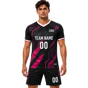 Ensemble de maillots de football personnalisés pour hommes, noir et rose, imprimé géométrique, impression par transfert thermique, évacuation de l'humidité, coupe athlétique, manches courtes, 100% coton - Product Image 1