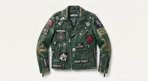 Blouson Biker en Cuir Vert Confortable Anti-UV avec Patchwork en Jean Déchiré et Col à Clous Zippé pour le Streetwear - Product Image 1