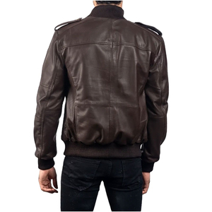 Men's <b>Brown</b> Genuine <b>Leather</b> Moto <b>Jacket</b> Stand Collar Zipper Closure Regular Fit Solid Color Autumn Winter Wear - Product Image 3