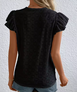 Camiseta de punto con hombros descubiertos y manga corta para mujer, estilo nuevo de verano, corte ajustado, simple y único, que realza la figura. - Product Image 2