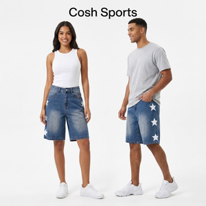 Shorts de mezclilla con parches de estrellas estilo streetwear - Proveedor mayorista OEM ODM de shorts de mezclilla azules lavados de talla grande - Product Image 1