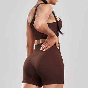 Ensemble de yoga 2 pièces marron asymétrique à une épaule, short taille haute, design découpé, sans couture, en Spandex et Polyester, tenue de sport - Product Image 4