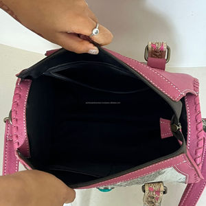 Hot Selling Hand <b>Tooled</b> <b>Leather</b> Medium Duffel Bags Pink Cowhide <b>Leather</b> Bag Turquoise Concho Shoulder Crossbody Purse for Women - Product Image 6