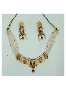 Parure de collier ras-du-cou plaqué or traditionnel avec perles blanches, pierres roses et boucles d'oreilles pendantes en perles, bijoux de mariée - Product Image 2