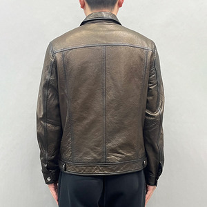 Veste en cuir marron pour homme, col rabattu, fermeture éclair, style motard, couleur unie, manches classiques, vêtement d'automne - Product Image 2