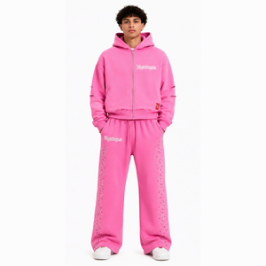 Ensemble de survêtement en gros avec fermeture éclair et strass, pantalon de jogging ample et épais à jambe large et sweat à capuche, style mode - Product Image 2