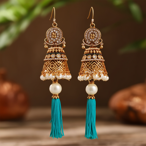 Bohemian Drop Earrings with Pearl and Turquoise Tassel in Brass Alloy Copper - Product Image 3
