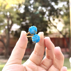 Anillo ajustable de latón chapado en oro de 18k con piedra turquesa azul, tallado a mano, doble piedra, banda retorcida, anillo abierto, joyería de moda. - Product Image 5