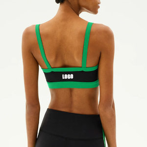 Sujetador deportivo de tirantes finos con cuello cuadrado y ribete en contraste negro y verde para mujer, soporte medio, transpirable, ropa deportiva activa - Product Image 2