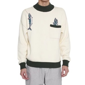 Men's <b>Knit</b> Sweater 100% Cotton 12GG Chunky Pocket Embroidery O Neck Oversize Anti Shrink Breathable Front Customizable OEM - Product Image 2