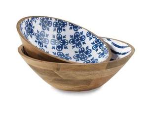 Ensemble de bols à salade en bois d'acacia émaillé, motif floral d'hortensia bleu, faits à la main, rustiques, en bois, pour servir les fruits, mélanger, pour les fêtes, de luxe - Product Image 4