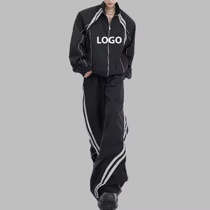 Black Track Suit Set Zip Up Jacket and <b>Wide</b> <b>Leg</b> Pants Sportswear <b>Jogger</b> Outfit Custom Logo - Product Image 2