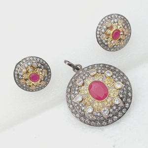 RAY FINE ORNATES <b>Ruby</b> Gemstone Princess Cut Pendant <b>Necklace</b> Earring Set Rose Gold Plated Bridal Victorian Jewelry IGI Certified - Product Image 2