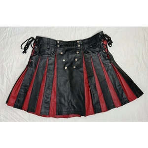 Kilt pour homme en cuir noir et rouge, plissé, utilitaire, avec poche plate sur le devant - Product Image 1